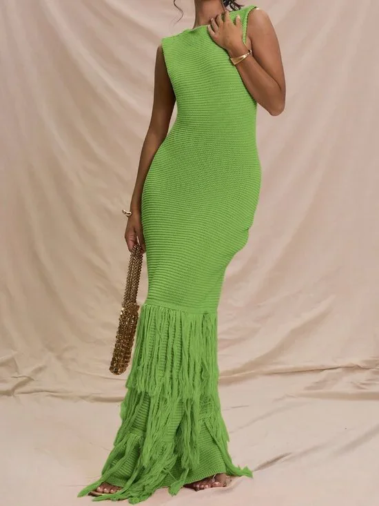 Green Elegant Sleeveless Ribbed Women's Maxi Dress with Frayed Hem - Picture 1 of 6
